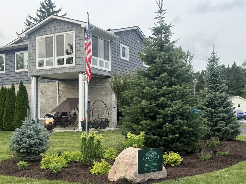 A finished island bed around a flagpole: spruce and fir behind panicle hydrangea and gold-foliage shrubs, with a placed boulder carrying the Exotics Landscaping sign.